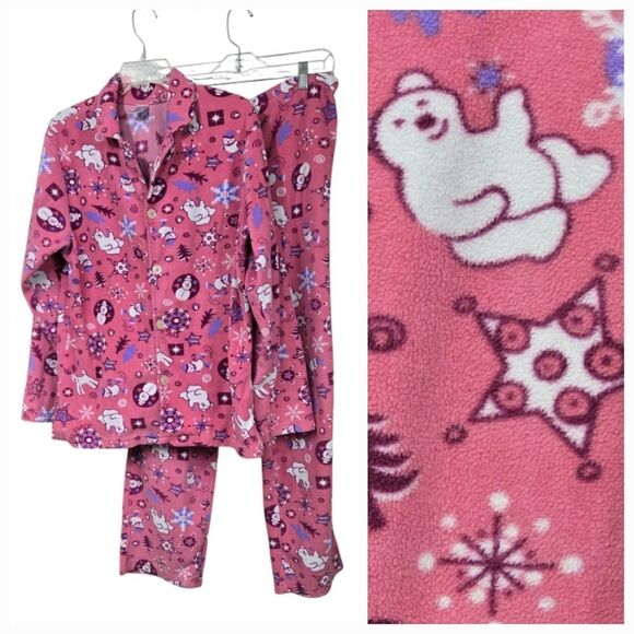 Women's Christmas Pajama 2pc Set Pink Fleece Holiday Sleep Set Sleepwear Polar - Picture 1 of 9